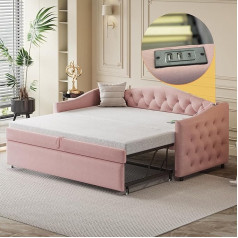 Lututu Upholstered Bed, Extendable Sofa Bed, 90 x 200 cm, with USB Port, Classic Shape with Buttons with Slatted Base, Multifunctional Bed - Guest Bed, Linen Fabric, Pink (Mattress Not Included) (Pink)