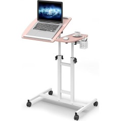 Warmiehomy Height-Adjustable Desk, Laptop Table with Wheels, Computer Desks with Mouse Tray, Mobile Side Table with Pen Holder, Foldable PC Table, Study Table for Home Office, Bed, Sofa, Pink