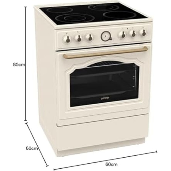 Gorenje Classico GECS 6 B70CLI Electric Stove with Glass Ceramic Hob, Retro Design, 60 cm, 71 Litres, Gentle Close, Quick Heating, AirFry, ExtraSteam, Pizza Mode, AquaClean, Champagne, Ivory