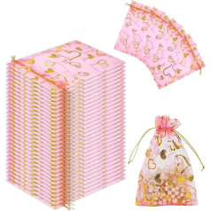 Giroselle Organza Bags Pack of 100 - Party Favours Wedding Bags for Filling, Small Gift Bags with Heart Patterns (Pink Gold Heart, 11 x 16 cm)