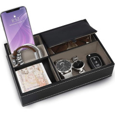 BELLE VOUS Storage Tray Black Faux Leather 5 Compartments Key Tray - Men's Organiser Tray Desk Accessories Men for Mobile Phone, Coins, Jewellery, Keys, Watch - Bedside Organiser