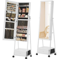 Songmics Jewellery Cabinet, Full Body Mirror, Lockable Organiser with Drawer, Wheels, White, JJC004W02