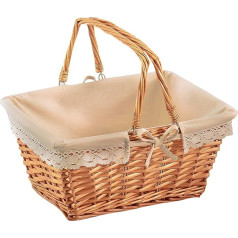 Kobolo Folding Basket Wicker Basket with Folding Handles Square Fabric Lining with Crochet Border - Brown - 40 x 30 x 19/34 cm