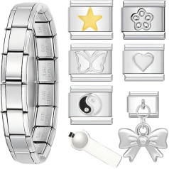 Tcnzdy 8 Piece Italian Charm Bracelet Set, Italian Charms with Opening Tools, Italian Charm Bracelet, Charms, Silver Italian Charms with 6 Replacement Modules, Charm Bracelet for Men and Women,