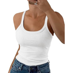 Wenrine Women's Tops Summer Sexy Scoop Neck Ribbed Spaghetti Top Slim Fit Cami Plain
