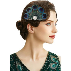 BABEYOND 20s Gatsby Flapper Headpiece - 1920s Peacock Feather Hair Clip Women's Hair Pin with Rhinestones Green