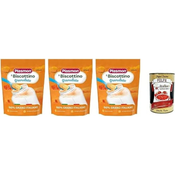Plasmon Biscottino Granulato, dal 6° mese, 100% Italian Grano, 3 x 350 g + Italian Gourmet Polpa 400 g
