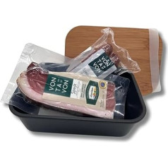 BAVAREGOLA South Tyrolean Lunch Box - 200 g Piece South Tyrolean Bacon PGI & 2 Fireplace Roots in Modern Food Storage Container - South Tyrolean Specialities as a Small Gift for Men and Women