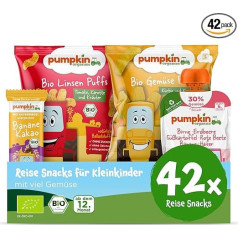 Pumpkin Organics Travel Snacks for Toddlers from 12 Months - Organic Vegetable Squeezies, Organic Crispy Snacks and Organic Oat Bars Ideal for Travel, Hand Luggage, Plane or Train without Additives
