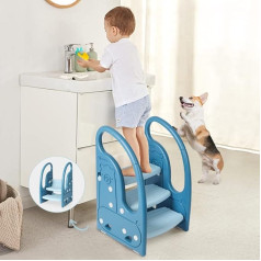 Onasti Kids Step Stool Chair 3 Steps Standing Tower for Toddlers Plastic Learning Aid for Kitchen Counter Bathroom Sink Toilet Potty Training with Handles and Non-Slip Pads, Blue