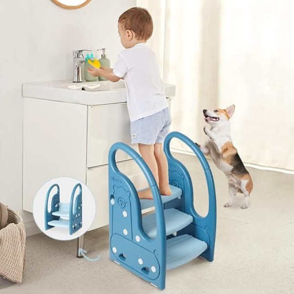 Onasti Kids Step Stool Chair 3 Steps Standing Tower for Toddlers Plastic Learning Aid for Kitchen Counter Bathroom Sink Toilet Potty Training with Handles and Non-Slip Pads, Blue