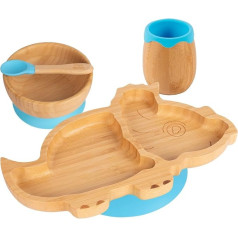 Dinosaur Bamboo Suction Baby Feeding Set Blue 4 Pieces