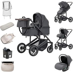 Zkiprm 3 in 1 Stroller with Car Seat, Portable Compact Springs, Shock Absorption, Aluminium Alloy Frame, High Profile City Car (Grey)
