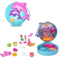 -​Polly Pocket Dolphin Beach Compact, Beach Adventure Theme with Micro Polly & Mermaid Doll, 5 Reveals & 13 Accessories