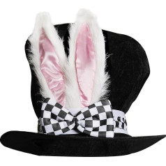 SUPER DELUX = BLACK HIGH VELVET HAT WITH FIXED WHITE/PINK Bunny Ears AND A LARGE WHITE/BLACK CHECKED BOW = ILOVEFANCYDRESS®=THE HAT HAS THE DIAMETER OF 57cm-O= THE HEIGHT OF THE HAT IS 22