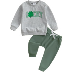 Toddler Baby Boy Irish Day Outfit Sets Long Sleeve O Neck Letter Clover Print Tops Solid Colour Drawstring Trousers Sets