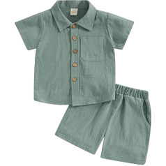 YILEEGOO Kleinkind Baby Jungen Baumwoll-Leinen-Outfit Sommerkleidung Kurzarm Knopfleiste Kleid Hemd Tops Tasche Shorts Set 2-teilig, Obstgrün, 3-4 Years