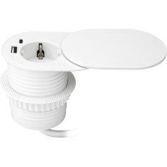 Mēbeles kontaktligzda ?6cm, iebūvēta galda virsmā ar bīdāmu vāciņu, USB lādētājs un kabelis 1,9m, 1x2P+Z (Schuko), 2xUSB (A+C tips; PD20W), balta krāsa