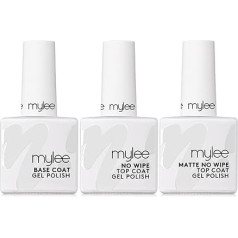 Mylee Gel Nail Polish Set - Matte & No Wipe Top Coat + Base Coat, 3 x 10 ml - UV/LED Soak-Off Nail Art Manicure Pedicure Salon & Home Use - Lasts up to 2 Weeks, Easy to Use