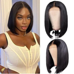 4 x 4 Bob Human Hair Wig, 100% Real Hair Wig, Straight Lace Front Wigs, Glueless Wig, Human Hair Wig, Women's Real Hair for Black Women, 150% Density, 12 Inches (31 cm)