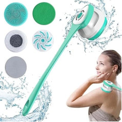 Electric Body Brush Bath Brush Back Brush with 5 Attachments: Back Brush with Long Handle IP67 Waterproof 3 Speed Spin Cleaning Brush for Spa Shower Exfoliating Massage Brush (Green)