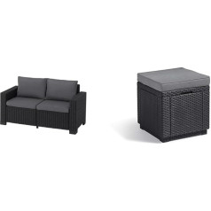 Keter Allibert by Garden Lounge California 2-Seater Sofa, Graphite/Cool Grey, 141 x 68 x 72 cm & Allibert by Cube Stool with Storage Space, Grey, Includes Cushion, Removable Lid, 42 x 42 x 39 cm