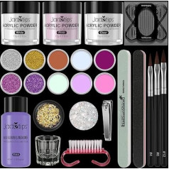 Acrylic Nail Set, Acrylic Powder Set, Acrylic Nail Set, Starter Set, 13 Acrylic Nail Colours, Acrylic Powder for Nails with Acrylic Liquid, Brush, Nail Art Decoration, Nail Stencils, Glass Bowl,