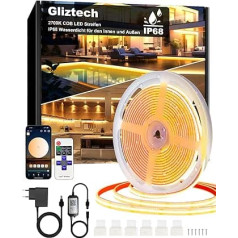 COB LED Strip 15 m IP68 Waterproof, 24 V 2700 K LED Strip Warm White LED Strip Self-Adhesive Outdoor with Power Supply, App and Remote Control for Roof Eaves Garden Pool Patio Kitchen Bathroom