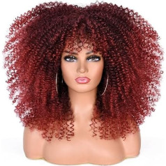 ISAMY Long Curly Wigs for Black Women Afro Bomb Curly Wig with Fringe Synthetic Fibre Glue-Free Long Afro Kinky Curly Hair (Ombre Red)