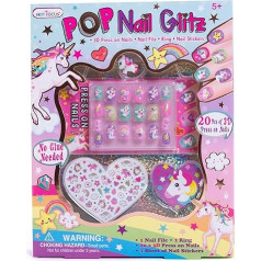 Hot Focus Pop Nail Glitz - 3D Unicorn Nail Art Kit for Girls - 65 Piece Set Includes 3D Press On Nails, Nail Stickers, Nail File and Ring