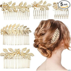 Pack of 5 Leaf Hair Side Combs Gold Rhinestone Hair Comb Clips with Teeth Combs for Wedding Hair Accessories for Women Girls Bride Bridesmaid (Gold)
