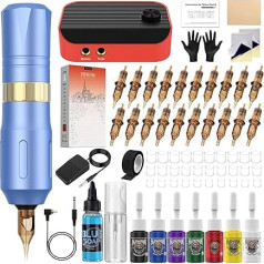 HAWINK Tattoo Machine Set with Power Supply Blue Soap 20 Pieces Mixed Tattoo Cartridges Needles 7 Tattoo Colour Inks, Complete Tattoo Machine Accessory Set HW-TK1002-3-EU
