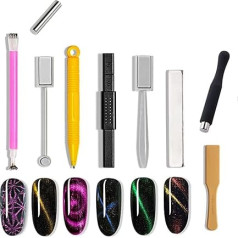 JERCLITY 9 Pieces Nail Magnetic Tool Set Double Head Flower Design Nail Magnet Pens Magnetic Stick 3D Magnetic Cat Eye Gel Polish Nail Art for UV Gel Line Strips Multifunctional Magnetic Board
