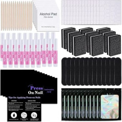Disposable Nail Accessories Set, Professional Manicure Nail Tool Set with Nail File, Nail Polisher, Glue Tabs, Nail Glue, Sticks, Prep Pads, Bags, Guide Cards for Nail Shop