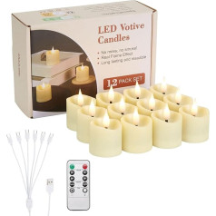 IMAGE Pack of 12 Rechargeable Votive Candles Battery Operated 3D Wick Ivory LED Candles, Flameless Votive Candles with Remote Control & Timer, Flickering Candles for Home Decor & Christmas Decoration