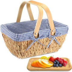 Tiangrid Wicker Picnic Baskets and Bamboo Plates, Picnic Basket with Insert and Folding Handle, Hand Woven with Natural Water Hyacinth, Picnic Accessories Set, Gift Basket for Picnic (Blue White,