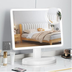 FUNTOUCH Large Makeup Mirror with Lighting (XL Model) - 10x Magnification, 3 Colours Illuminated Mirror with 88 LEDs, 360° Rotating Table Mirror, Portable Table Cosmetic Mirror