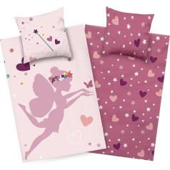 Aminata kids Bed Linen 135 x 200 cm Children's Girls Cotton Fairy Reversible Children's Bedding Set Princess Hearts YKK Zip Pink - Fairy Elf Fairy Unicorn