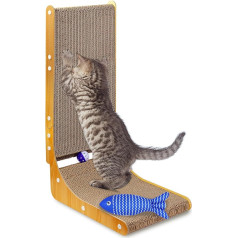 L Shaped Scratching Board for Cats, 68 cm High Scratching Boards Cat with Bell Ball Blue Fish and Mouse, Cat Scratching Board Made of High-Quality Cardboard, Cat Scratching Board for Wall, for Natural