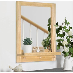 Bathroom Mirror with Shelf and Hooks, Wooden Frame Wall Mirror with Shelves, Hanging for Entryway, Bedroom, Living Room (42 x 58 cm, Beige)