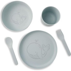 GREENBOX Children's Crockery Set 5-Piece Organic Plastic I Breakfast Set Dishwasher Safe I Plate Bowl Cup Spoon Fork I Gift Ideas for Children I Funny Children's Tableware with Animal Motif Whale