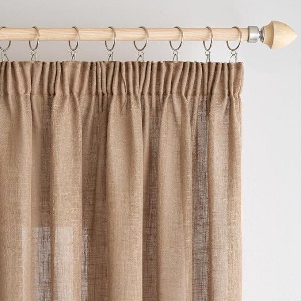 Woaboy Linen Curtains with Ruffle Tape, Living Room Curtains, Linen Look, Semi-Transparent Store Curtain, Bedroom, Modern Loop Curtains, Set of 2, 140 x 225 cm (W x H), Brown