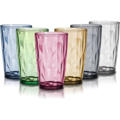 Set of 6 Water Glasses, 470 ml Colourful Plastic Drinking Glasses, Crystal Glass Look, Juice Glasses, Unbreakable Drinking Glass, Stackable Camping Glasses for Picnics, Camping, Parties