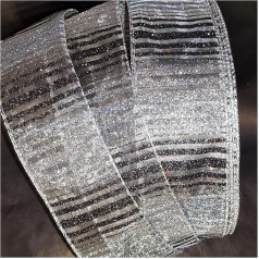 Weihnachtsband mit Drahtrand, 6,3 cm, Kranz, Baum, Lametta-Schleife, britischer Fachhändler, über 30 Designs (grau-silberfarbene Glitzerbänder auf Organza, 5 m)