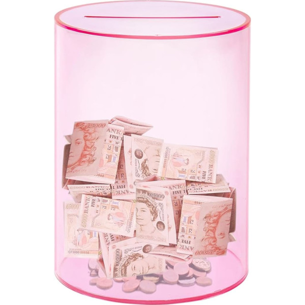 Spardose aus Acryl, transparent, 12 x 16 cm, zum Öffnen aufbrechen, für Erwachsene und Kinder, Rosa