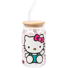 Silver Buffalo Hello Kitty 16oz Glass Tumbler with Bamboo Lid and Glass Straw - Pink Dots