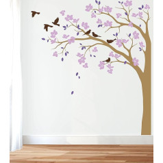 Large Corner Tree Wall Stickers Wall Sticker with Big Flowers, Birds and Leaves Nursery Wall Art Stickers Mural 087 (Branches Left, Light Brown; Lavender; Purple; Brown)