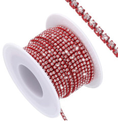 10 Yard Crystal Rhinestone Close Chain Trim, Crystal Rhinestone Diamond Strips for Jewelry Making, Rhinestone Bling Sewing Embellishments, Silver Rhinestone with Light Red Base