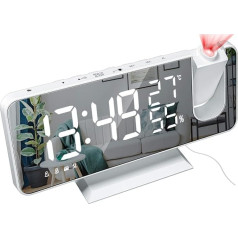 DollaTek Radio Projection Alarm Clock LED Large Screen Display Temperature and Humidity Electronic Clock for Bedroom Kitchen Gift - White Shell White Digital