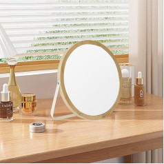 Hosoncovy Wooden Frame Desktop Mirror with Standing Vanity Mirror Makeup Mirror Table Mirror with Stand Folding HD Freestanding Bathroom Mirror Wall Hanging Mirror (Round)